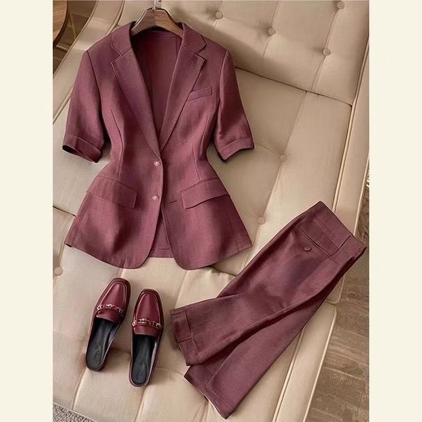 Women's Clothing A Complete Set Of Temperament Red Brown Linen Suit Pants_ecoleips.com