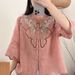 Cotton And Linen Heavy Industry Embroidered Half Sleeve Spring And Summer Shirt Women's Slimming All-Match Half Sleeve E_ecoleips.com