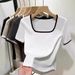 Short-sleeved T-shirt Women's Summer New Casual Square Collar Contrasting Color Fashion Bottoming Shirt_ecoleips.com