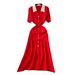 Women's Clothing Vintage Contrast Lapel Short-sleeved Single-breasted Tight Waist Inner Sweater Dress Women's Knitted Long Dress_ecoleips.com