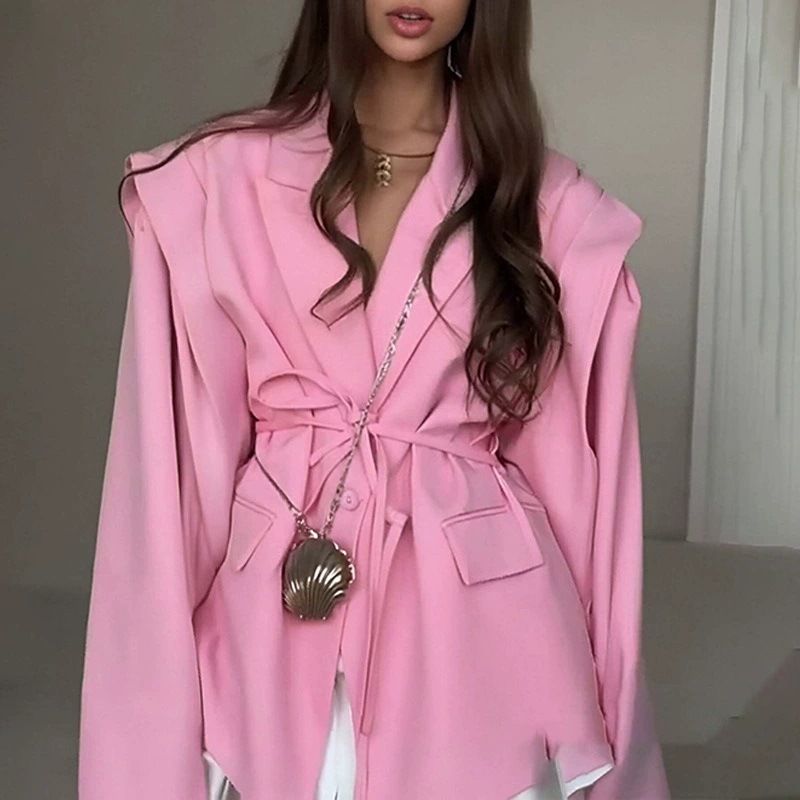 Women's Clothing Slim Fit V Neck Coat Tie Waist Loose Outerwear Versatile Fashion For Fall Winter_ecoleips.com