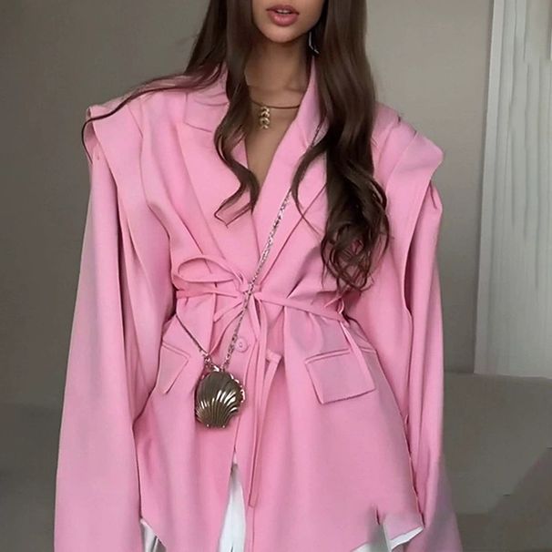 Women's Clothing Slim Fit V Neck Coat Tie Waist Loose Outerwear Versatile Fashion For Fall Winter_ecoleips.com