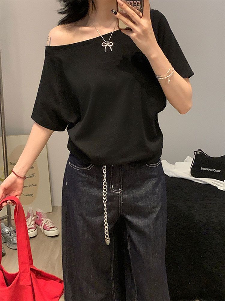 1pcs Summer Women Basic Model Solid Color T-Shirt Lady Short-Sleeved Skew Collar T-Shirt Female Street Style Sexy Slim Fit Tee_ecoleips.com