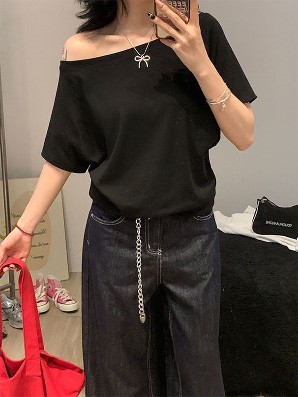 1pcs Summer Women Basic Model Solid Color T-Shirt Lady Short-Sleeved Skew Collar T-Shirt Female Street Style Sexy Slim Fit Tee_ecoleips.com