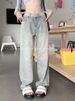American-style Washed Denim Jeans For Women, Yellow Mud-dyed Straight-leg Pants, Trendy High Street Distressed Casual_ecoleips.com