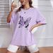Women's Casual round Neck T-Shirt Purple Short Sleeve Loose Print Sporty Simple Top_ecoleips.com