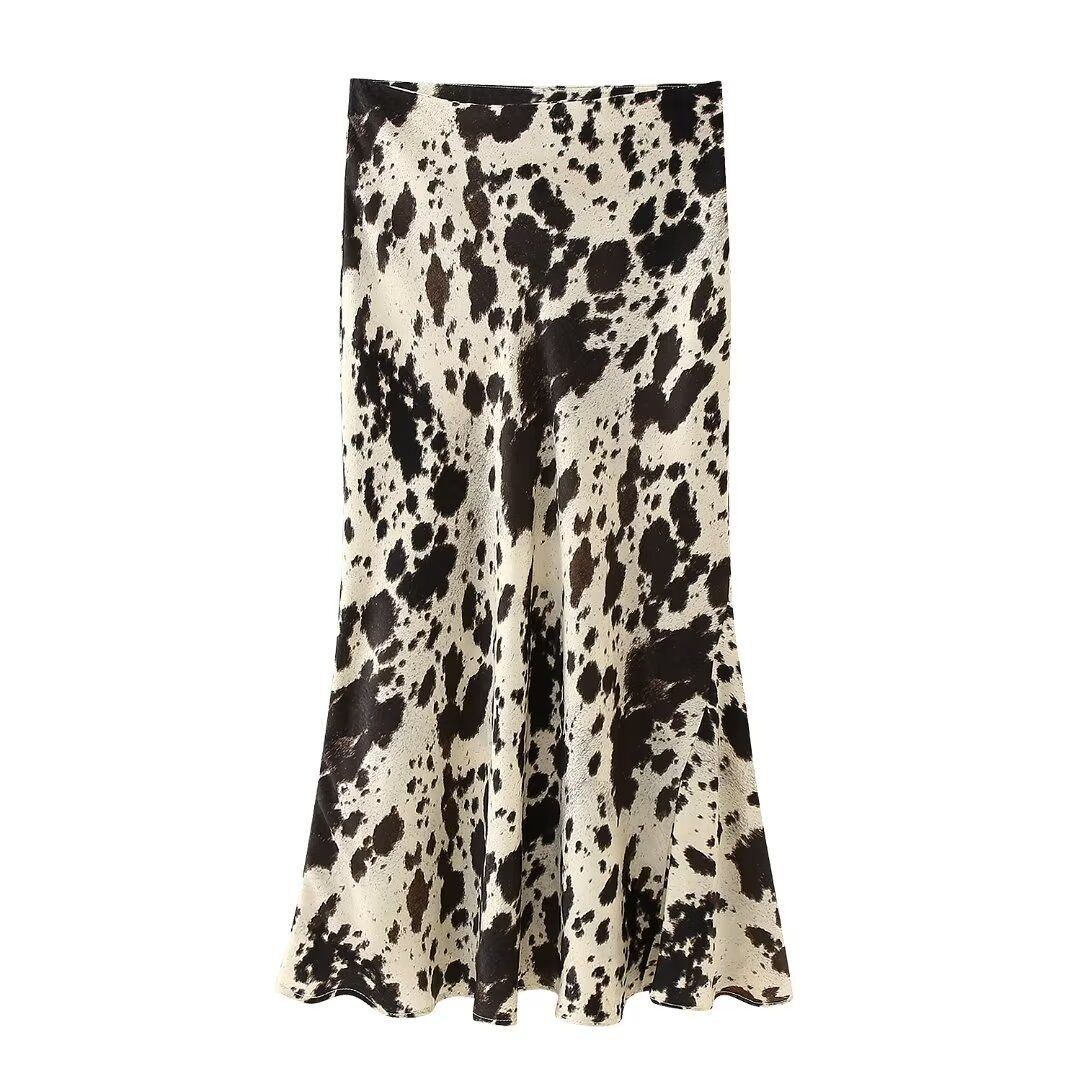 Women's Clothing Animal Print Satin Textured Midi Skirt_ecoleips.com