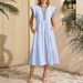 Women's V-Neck Striped Maxi Dress Summer Boho Beach Dress Soft Polyester Flowy Comfortable Fit with Flutter Sleeves_ecoleips.com
