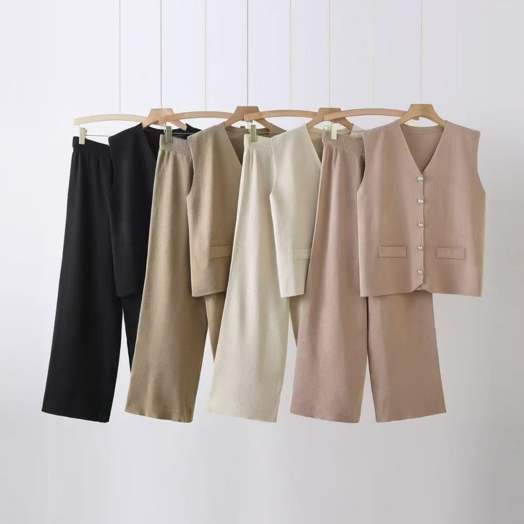Women's 3-Piece Knit Cardigan Set – Oversized Sweater, Loose Pants & Basic Top – Cozy Fall Outfit In Black/Khaki/Taupe_ecoleips.com