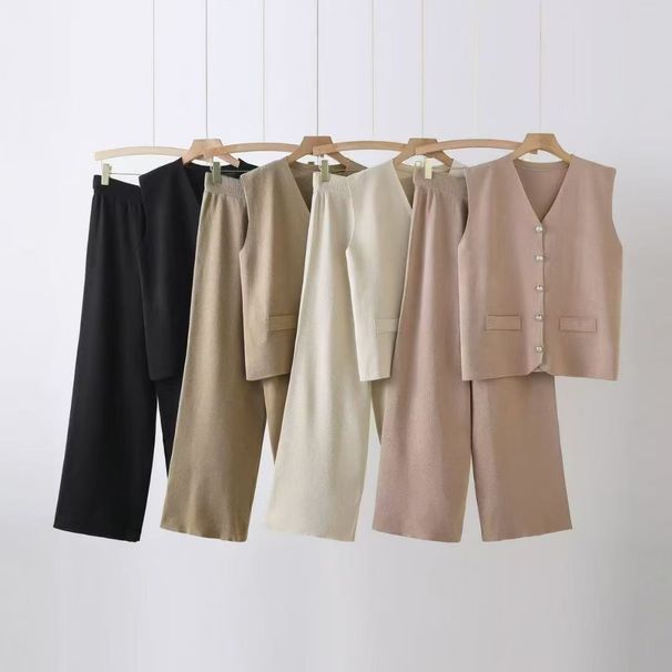 Women's 3-Piece Knit Cardigan Set – Oversized Sweater, Loose Pants & Basic Top – Cozy Fall Outfit In Black/Khaki/Taupe_ecoleips.com
