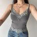 Lace Trim Spliced Ribbed Deep V Camisole, European And American Summer New Women's Clothing, Cropped Sexy Slim-fit Tank_ecoleips.com