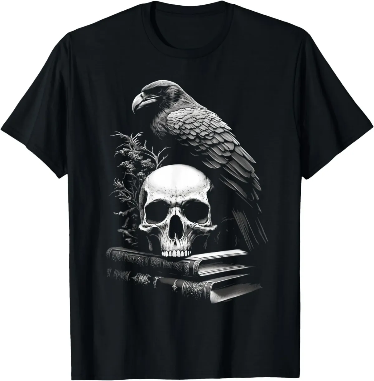 Women's T-Shirts Raven Bird, Skull And Books Witchy Occult Academia Symbolism T-Shirt_ecoleips.com