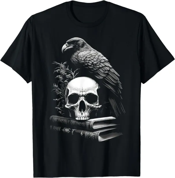 Women's T-Shirts Raven Bird, Skull And Books Witchy Occult Academia Symbolism T-Shirt_ecoleips.com