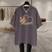Women's Short Sleeve T-Shirt Irregular round Neck Shoulder Cut Rabbit Print 2024 Summer New Style Trendy Top_ecoleips.com