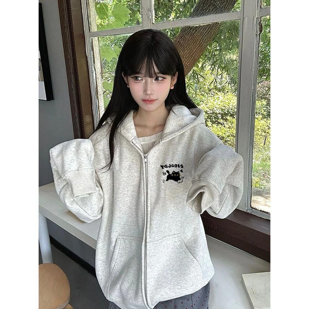 Neutral And Sophisticated American Retro Style Hooded Top, Printed Hoodie, Women's Jacket, Plus Size, Minimalist_ecoleips.com