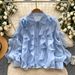 French Romantic Ruffle Blouse Oversized Loose Fit Long Sleeve Top with Floral Lace Trim Spring Shirt in Pink Blue White Beige Black One Size_ecoleips.com