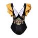 Women's Black Gold Printed Ruffled One Piece Swimsuit New Popular Swimwear_ecoleips.com