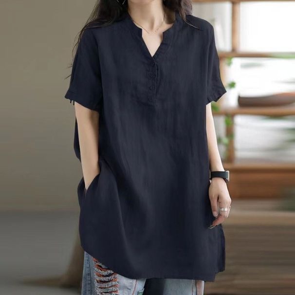 Cotton Short-Sleeved T-Shirt In Solid Color, Large Size, Loose Fit, With A V-Neck And Button Closure Perfect For Sprin_ecoleips.com