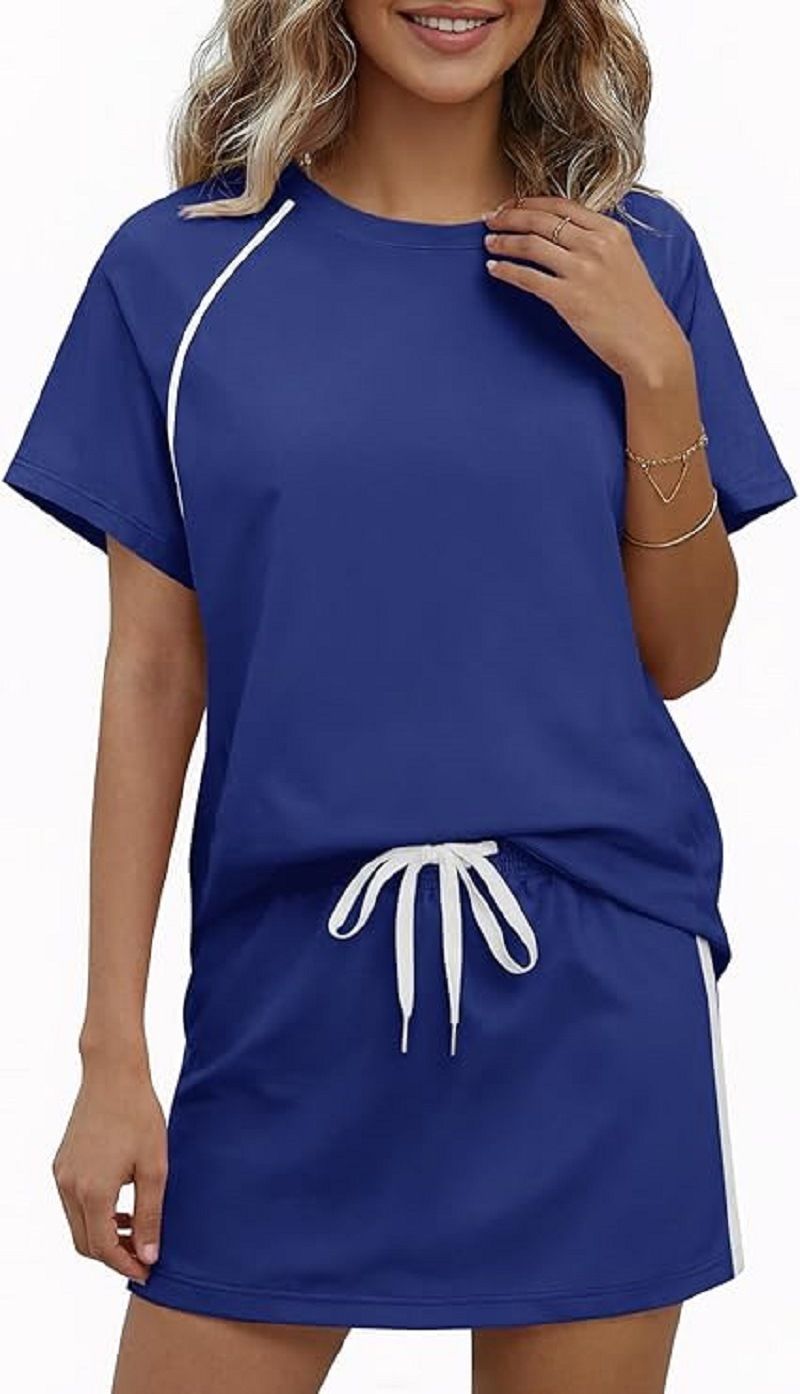 Women's 2 Piece Side Stripe Drawstring Short Sleeve Crew Neck Sweatshirt And Skirt Set – Casual Sporty Outfit_ecoleips.com