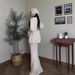 Modest Abaya Dress/Muslim Dress Women Elegant Long Sleeve Midi Dress Set - Flowy Knit Two-Piece Outfit With Bell Sleeves (S-XXL, Beige)_ecoleips.com