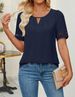 Verve 2025 Summer Women's Elegant Hollow Out Lace Trim Solid Color Buttonless Short Sleeve T-Shirt_ecoleips.com