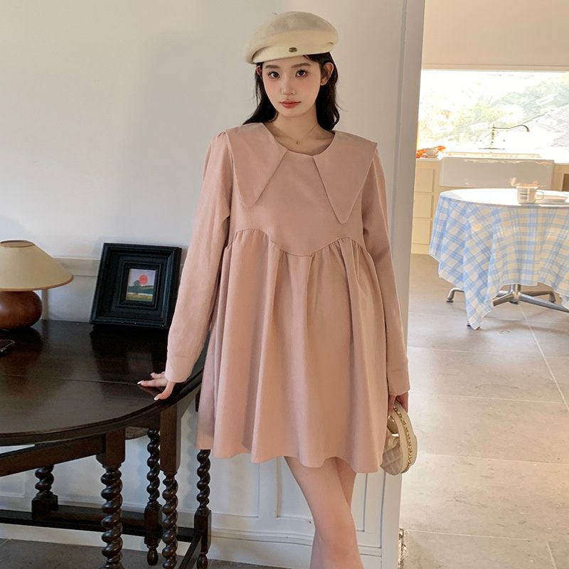 Autumn New Korean Fashion Doll Collar Sweet Loose Maternity Dress_ecoleips.com