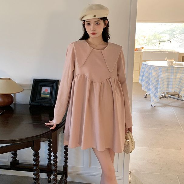 Autumn New Korean Fashion Doll Collar Sweet Loose Maternity Dress_ecoleips.com