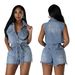 Women's Clothing High Elasticity Short Sleeved Loose Washed Denim Jumpsuit Bodysuit For Formal & Casual For Women_ecoleips.com