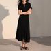 Elegant Women's Round Neck Short Sleeve Knit Dress Button Down Cutout Long Skirt Slim Fit For Beach Vacations_ecoleips.com