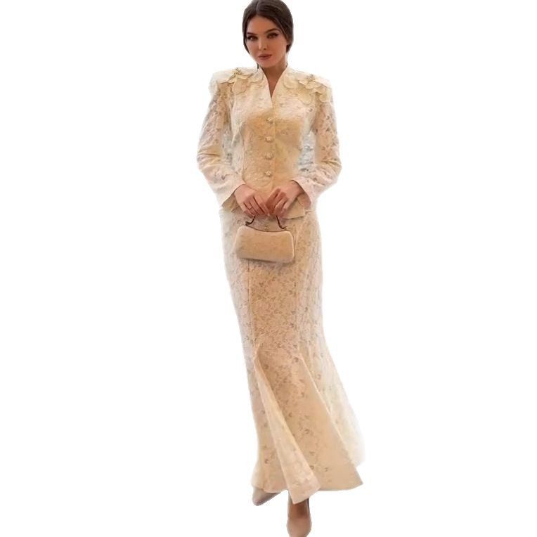 Elegant Printed Blazer & Pants Set – V-Neck Button-Down Office Suit, Princess Sleeves & Wrinkle-Resistant Fabric (S-Xxl, Cream)_ecoleips.com