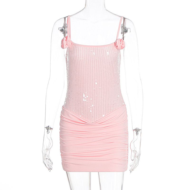 Women's Clothing Summer Sexy Sequined Suspender Dress For Women Elegant Slim Fit Floral Decor Style Evening Dress_ecoleips.com