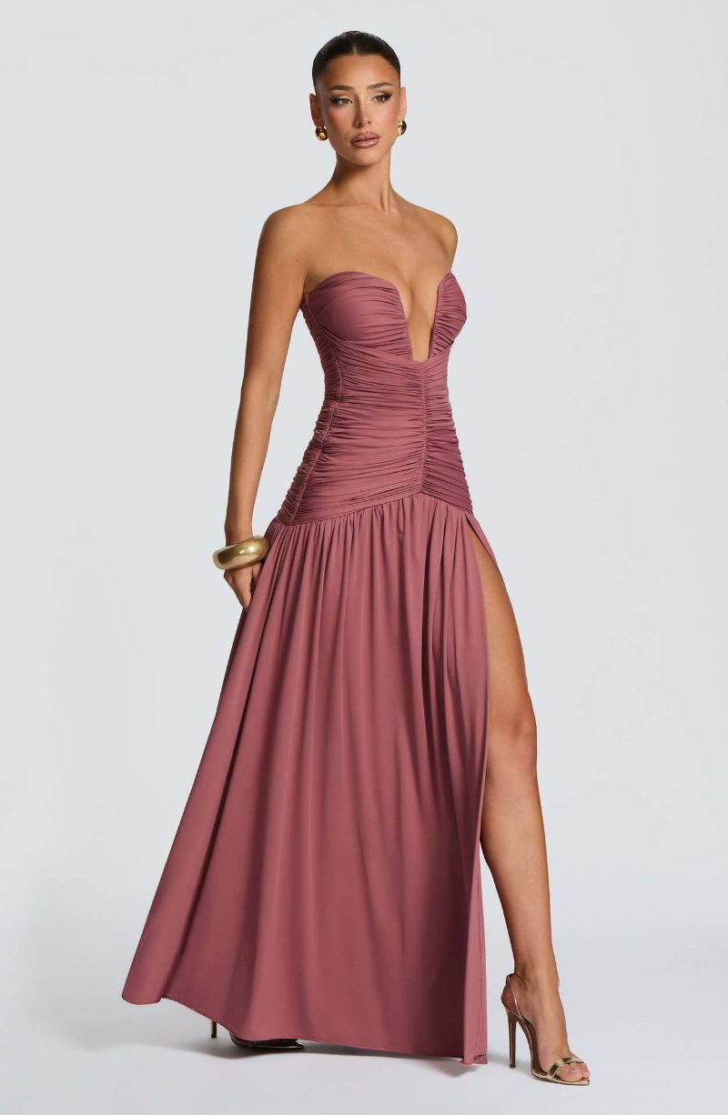 Elegant Long Dress For Women Goddess-Like Strapless Pleated High Slit Flowing Gown Independent Website_ecoleips.com