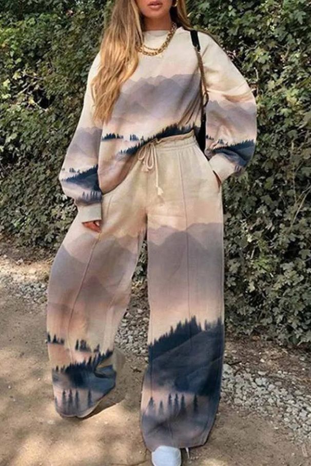 Women's 3D Printed Fashion round Neck Sweatshirt And Wide Leg Pants Set European American Style Autumn Winter Casual Sports Suit_ecoleips.com