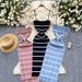 2025 New Summer Sexy Women Sleeveless Strap Knitted Dress Spaghetti Striped Printing Elastic Bodycon Slim Maxi Long Dress_ecoleips.com