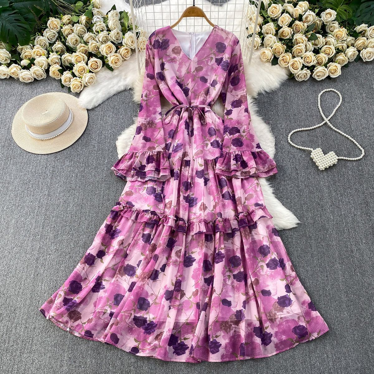 French Romantic Floral Print Dress – Wrap Waist Maxi Dress With Ruffle Sleeves & Flowy Skirt (7 Colors, One Size) | Boho Chic Spring/Summer Dress_ecoleips.com
