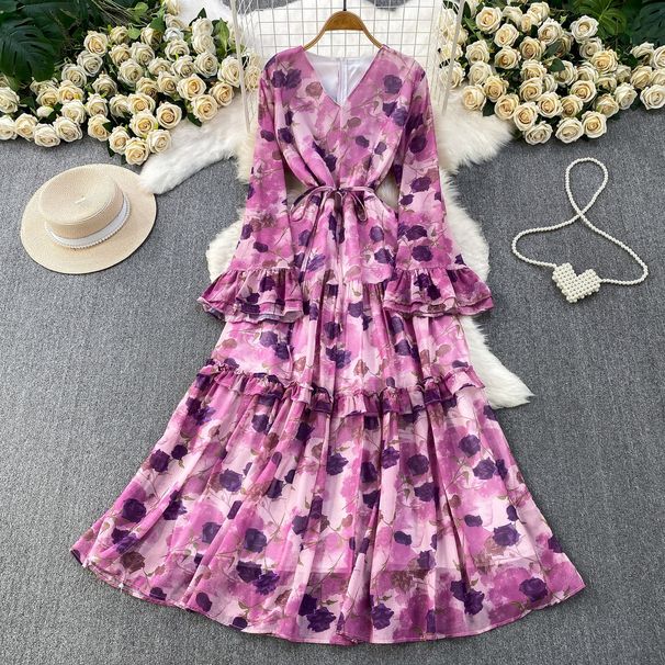 French Romantic Floral Print Dress – Wrap Waist Maxi Dress With Ruffle Sleeves & Flowy Skirt (7 Colors, One Size) | Boho Chic Spring/Summer Dress_ecoleips.com