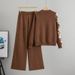 Effortless Elegance Women's Two-Piece Set – Knit Cardigan With Wide-Leg Pants & Metallic Buckle Detail (Brown/Bluish/Black, One Size Fits Most)_ecoleips.com