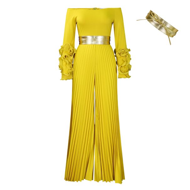 Women's Clothing Fashion One-character Collar Ruffled Sleeve Solid Color Pleated Wide-leg Jumpsuit_ecoleips.com
