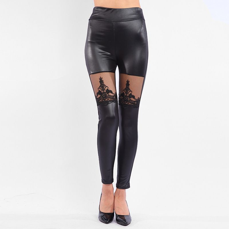 K New Sexy Leather Pants, Women's Lace Embroidered Leather Pants, Patchwork Cropped Pants_ecoleips.com