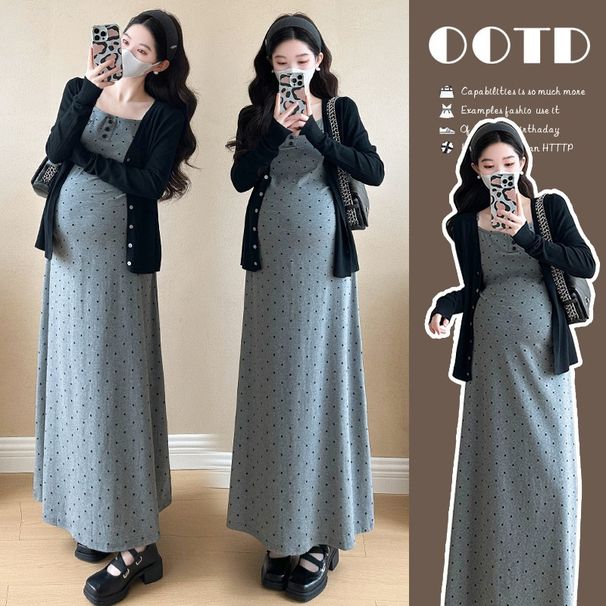 Autumn New Korean Fashion Polka Dot Long Strap + Cardigan Two-Piece Maternity Dress_ecoleips.com