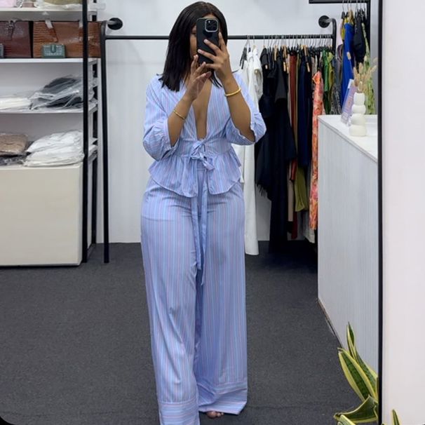 j5249 style casual suit, new embroidered letter double waistband high waisted cropped wide leg pants suit_ecoleips.com