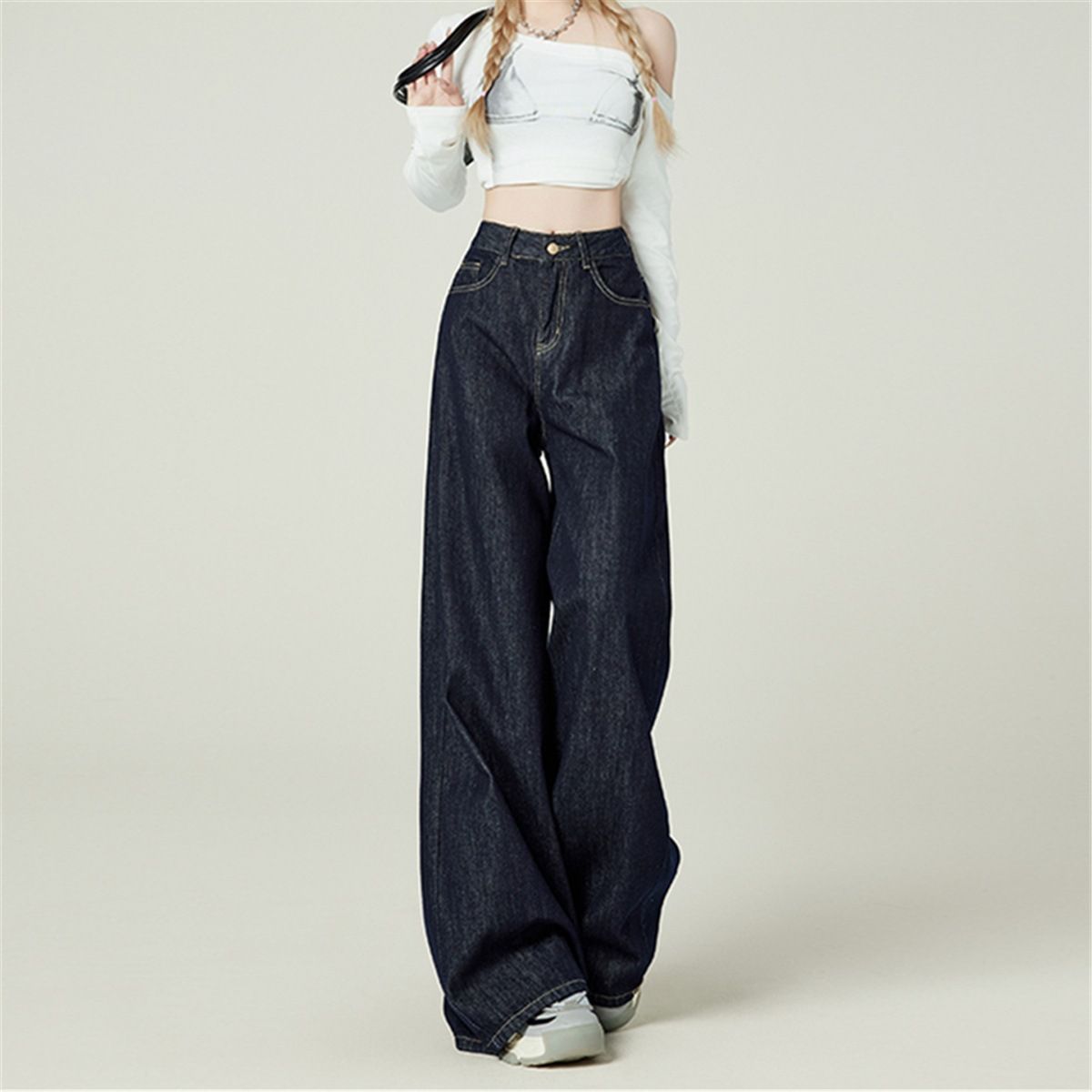 Retro Wide Leg Jeans For Women High Waist Loose Fit Pear Shape Denim Blue Autumn Winter American Style Trousers_ecoleips.com