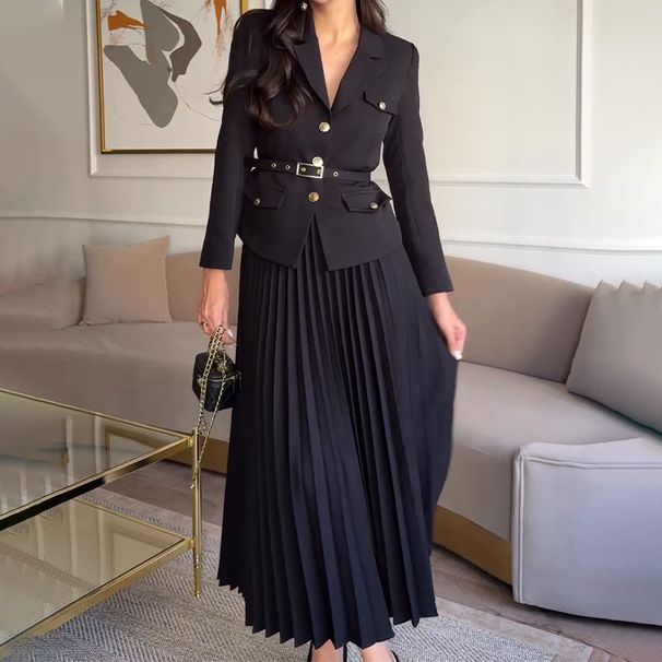 Women's Clothing Solid Color Temperament Lapel Suit Pleated Skirt Suit_ecoleips.com