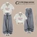 Trendy Love Print Checkered Patchwork Fake Two-Piece Tee With Lace Trim High-Waist Jeans Set_ecoleips.com