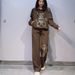Women's Leopard Print Rhinestone Embellished Tracksuit Set Hooded Long Sleeve Pullover Top And Pants Black Coffee M XL_ecoleips.com