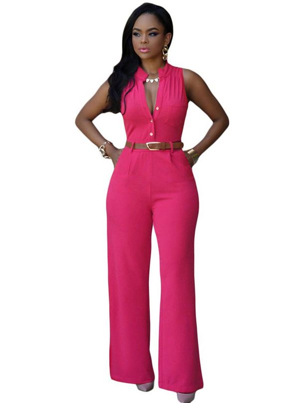 Women's Clothing Breasted High Waist Belted Wide Leg Pants Jumpsuit_ecoleips.com