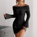 Women's Off-Shoulder Knitted Bodycon Dress With Flared Sleeves - Stretchy Ribbed Casual Midi Dress For Autumn (White, Black, Beige, Peach, Red)_ecoleips.com