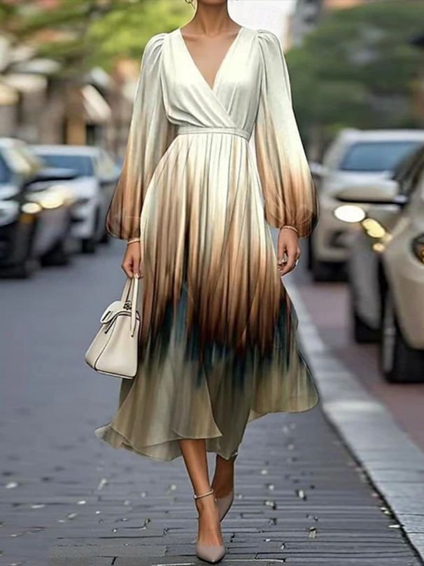 Freeacy 2025 Summer Women's Midi Dress V-neck Puff Sleeves High Waist Pleated Evening Dress Elegant Gradient Party Dress_ecoleips.com