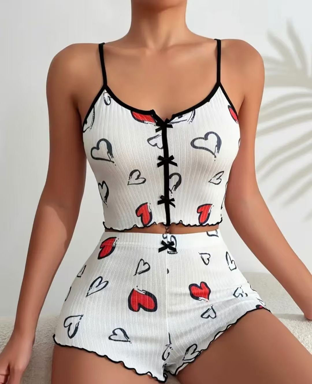 2025 New Products Heart shaped Printed Contrast Color Home Clothes Front Slit Suspender Pajamas Set_ecoleips.com