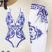 Women's Elegant Beachwear Set Blue And White Porcelain Print One Piece Swimsuit with Wrap Skirt_ecoleips.com